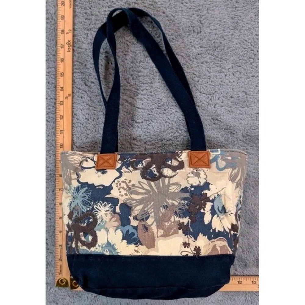 Thirty-One Demi Day Bag Abstract Blue Floral Canvas Handbag Navy Blue Bottom
